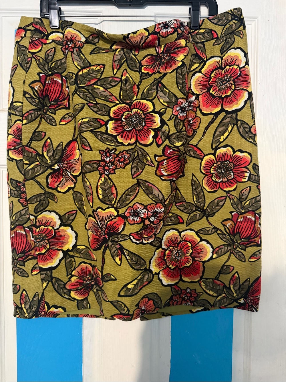 LOFT Olive Floral Pencil Skirt with Red & Yellow Blooms